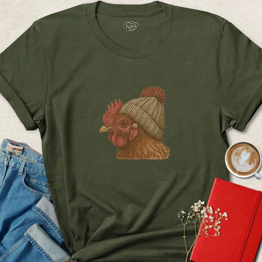 Chicken in a Beanie Shirt – Funny Vegan Farm Animal Tee