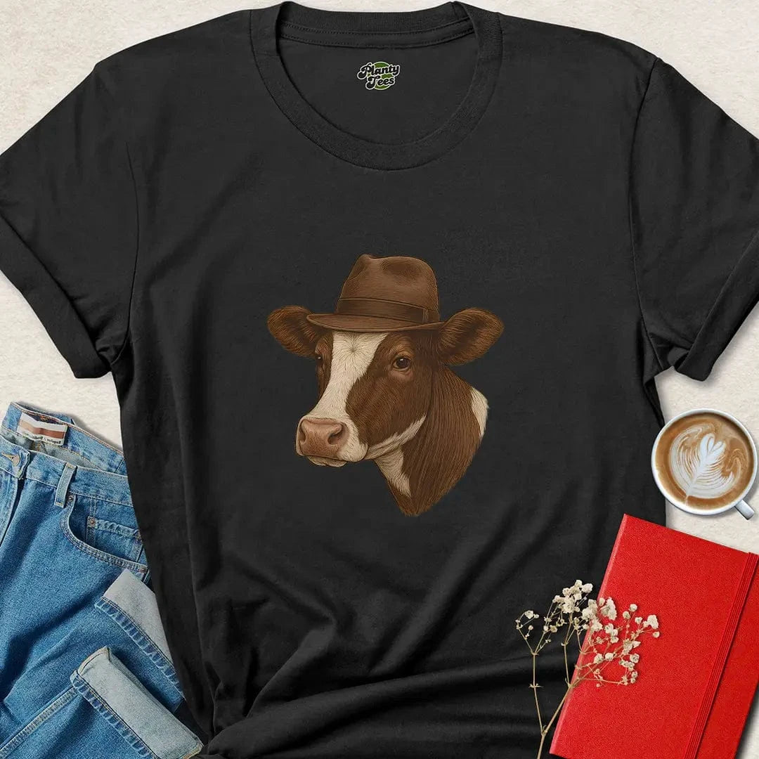 Cow in Fedora Shirt – Funny Vegan Animal Lover Tee