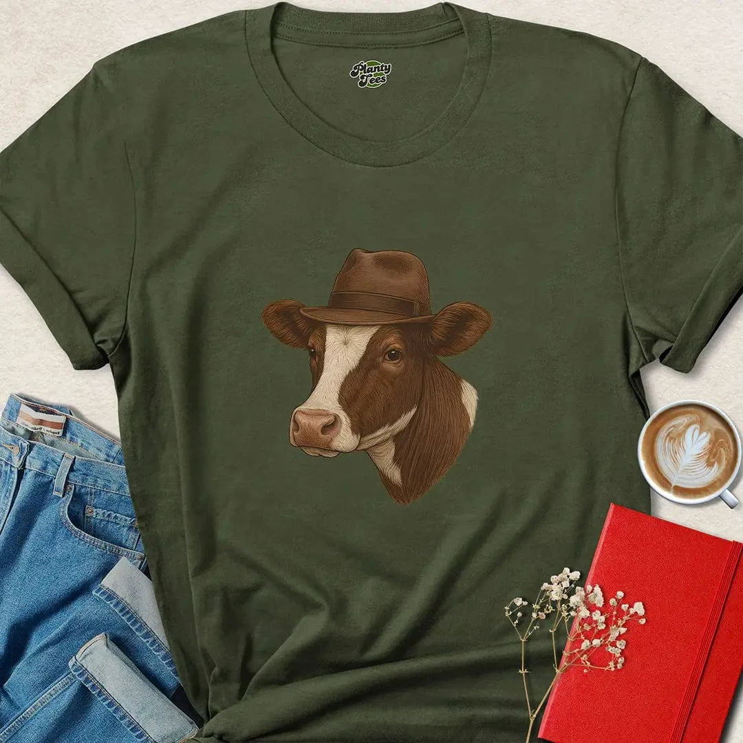 Cow in Fedora Shirt – Funny Vegan Animal Lover Tee