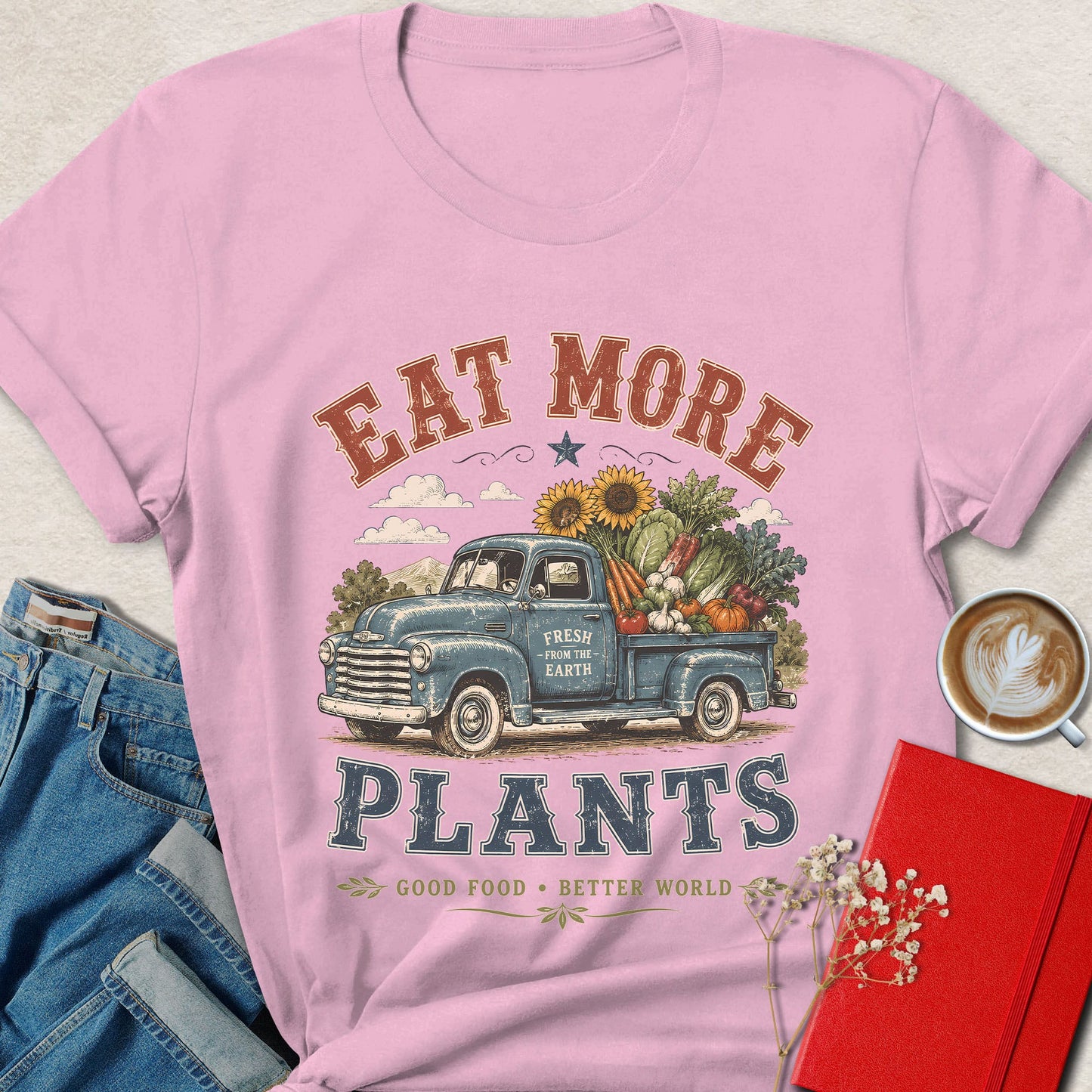 Eat More Plants Vintage Vegan Farm Truck Graphic Shirt