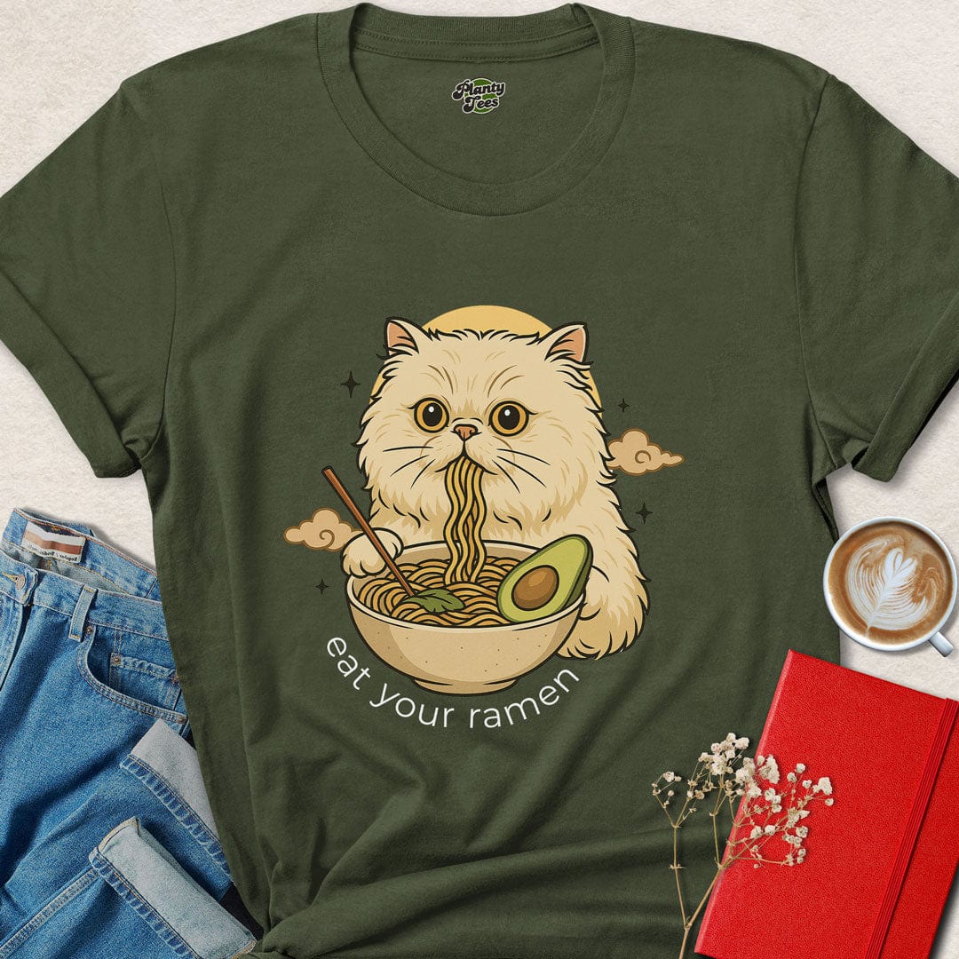 Cat Eating Vegan Ramen T-Shirt