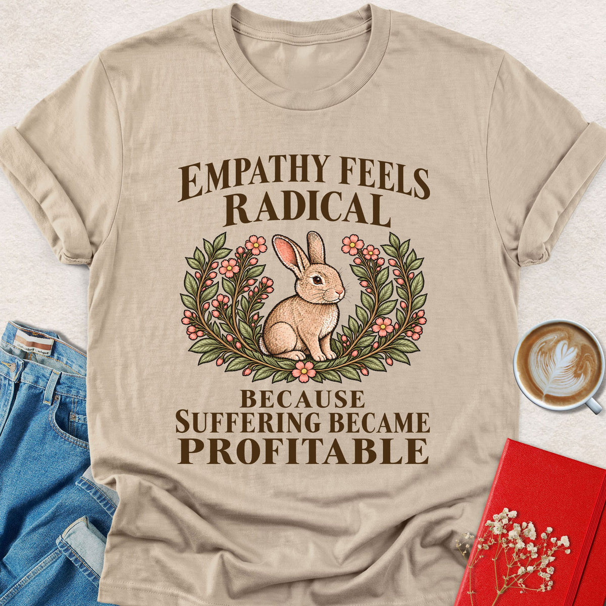 Heather beige graphic T-shirt with rabbit in floral wreath and slogan on front