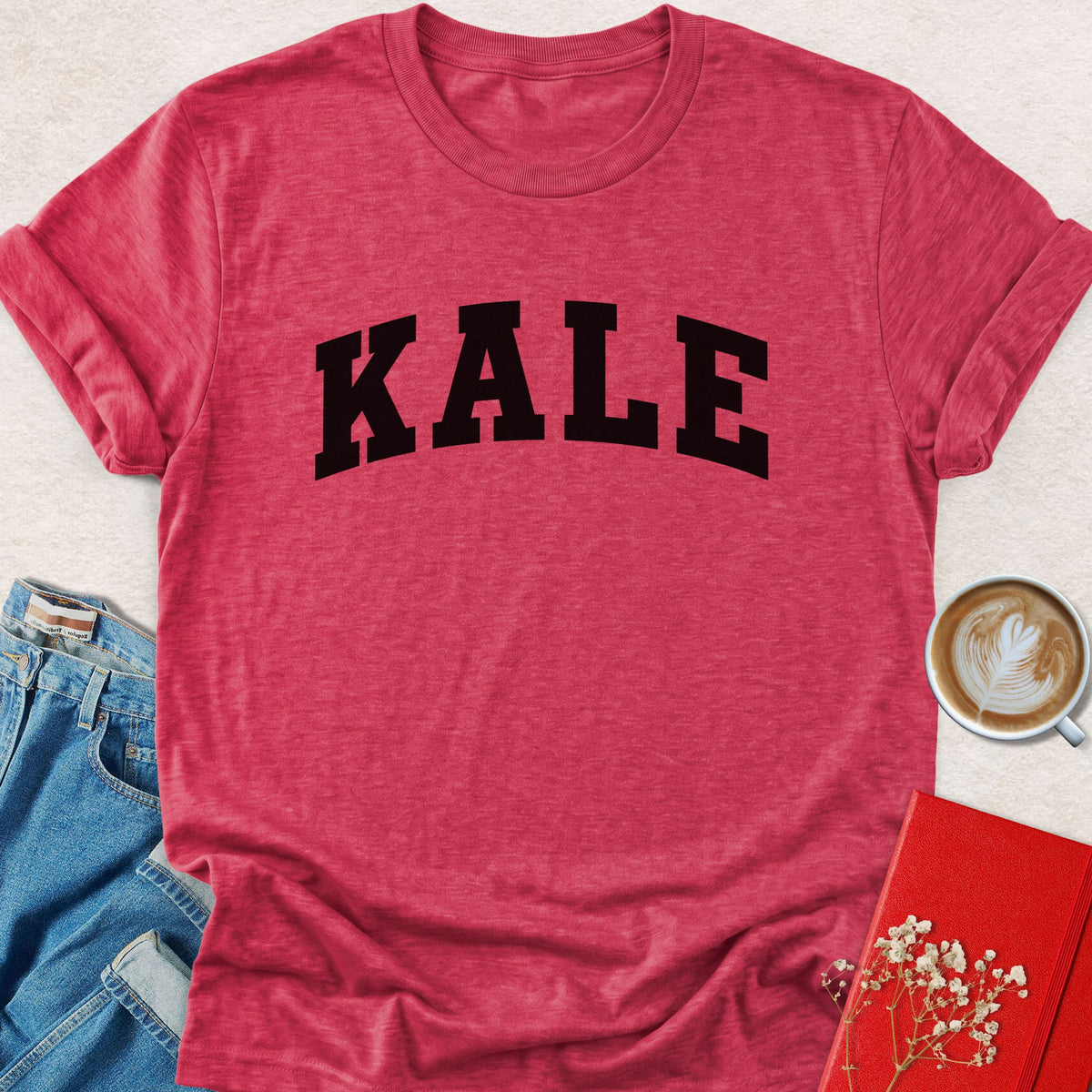 Red heather crewneck vegan t-shirt with KALE varsity-style logo print