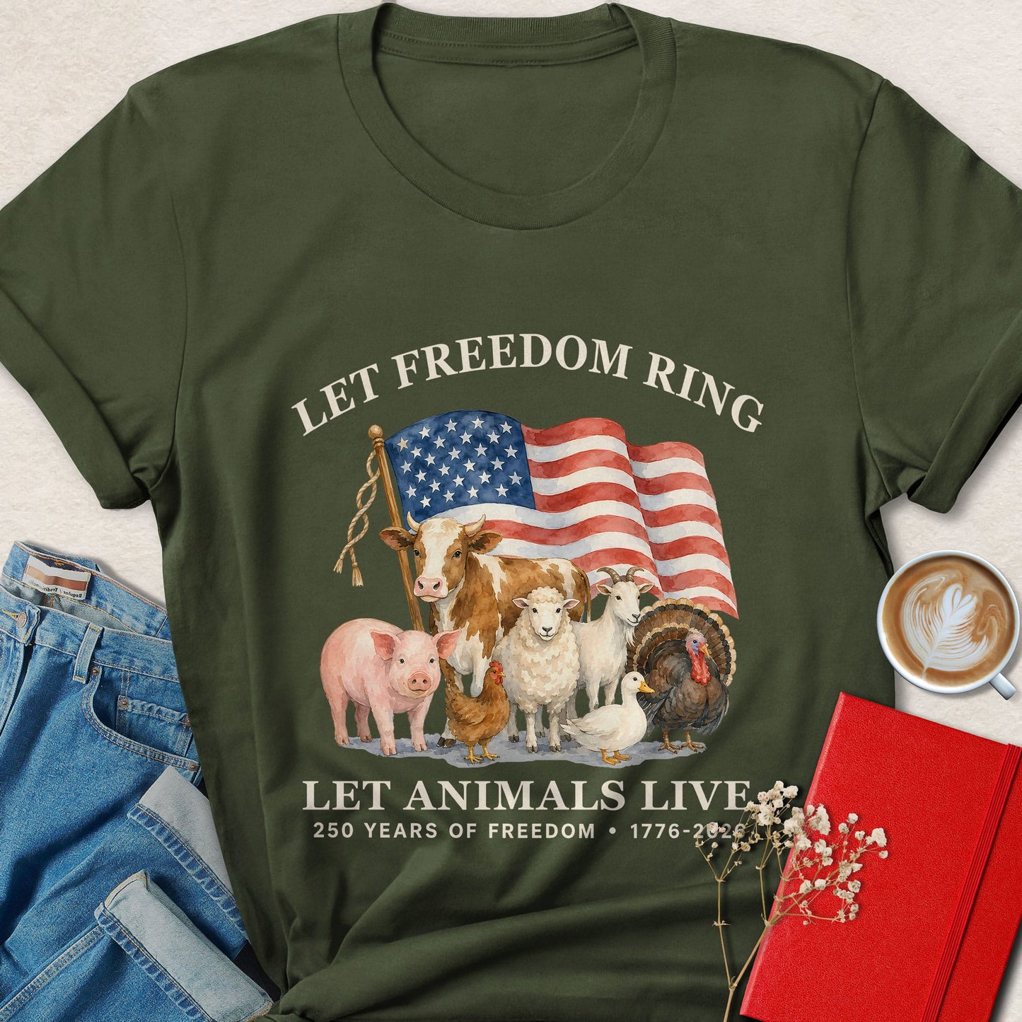 Let Freedom Ring Let Animals Live Farm Animal Vegan T-Shirt