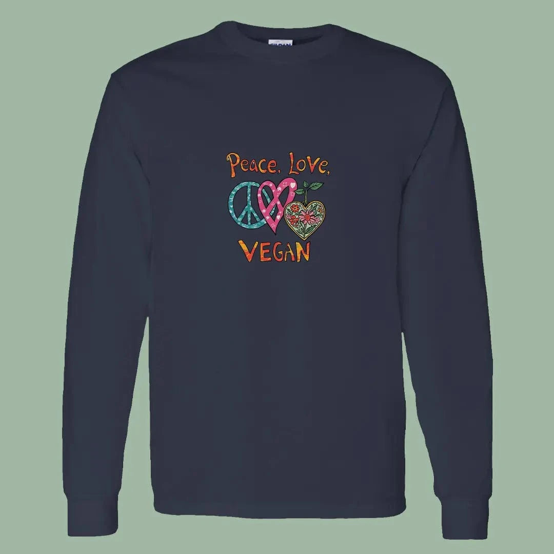 Peace Love Vegan Long Sleeve Tee – Colorful Plant-Based Shirt