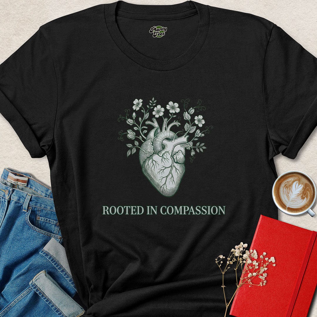 Rooted in Compassion – Vegan Heart & Flowers T-Shirt