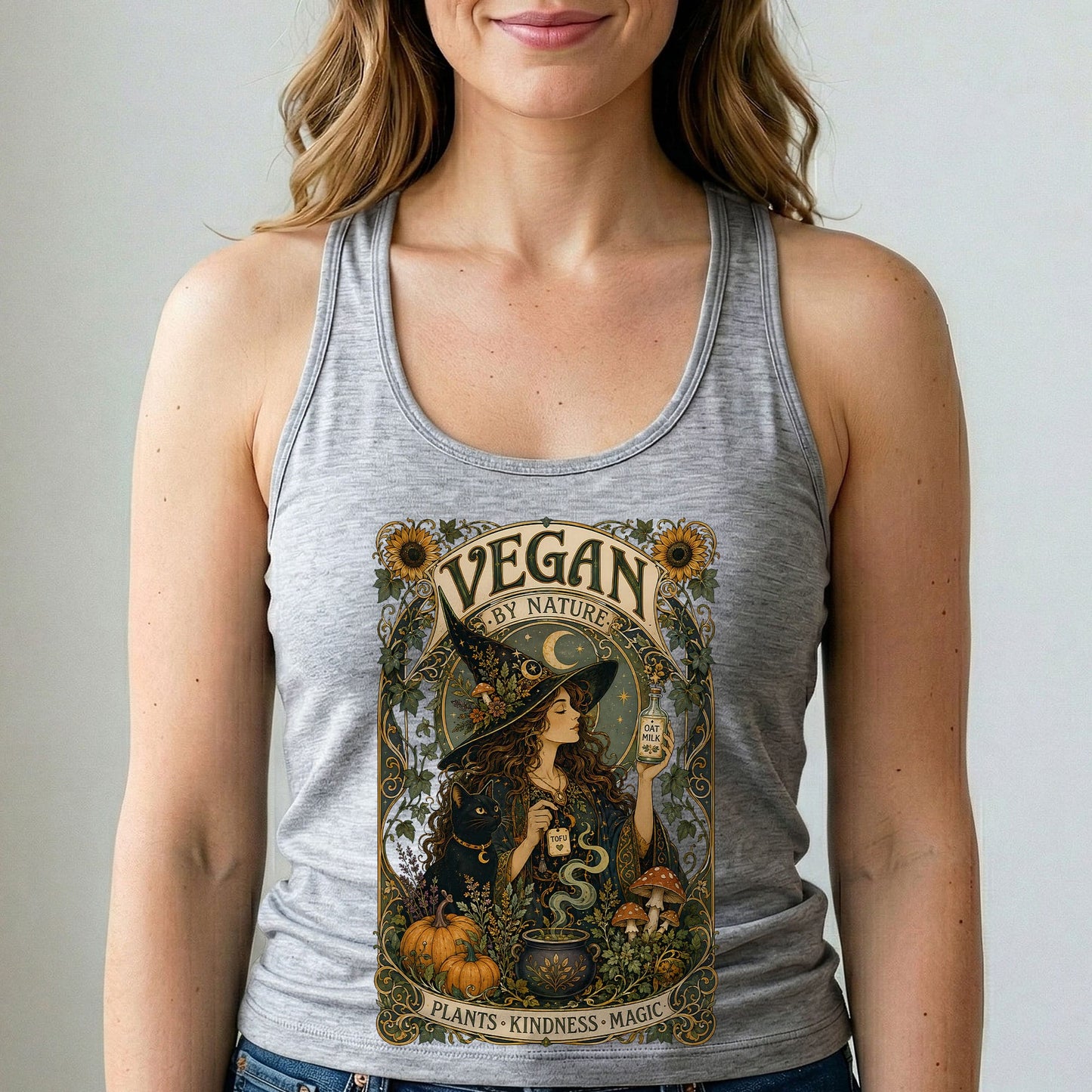 Heather gray vegan graphic tank top with scooped neckline, sleeveless