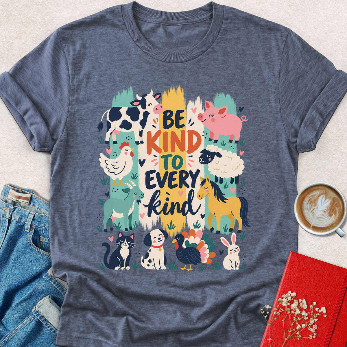 Heather blue animal graphic T-shirt with 'Be kind to every kind' typography