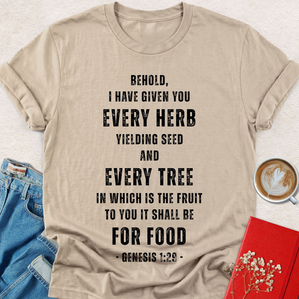 Distressed typography T-shirt in sand, crewneck with bold scripture quote graphic