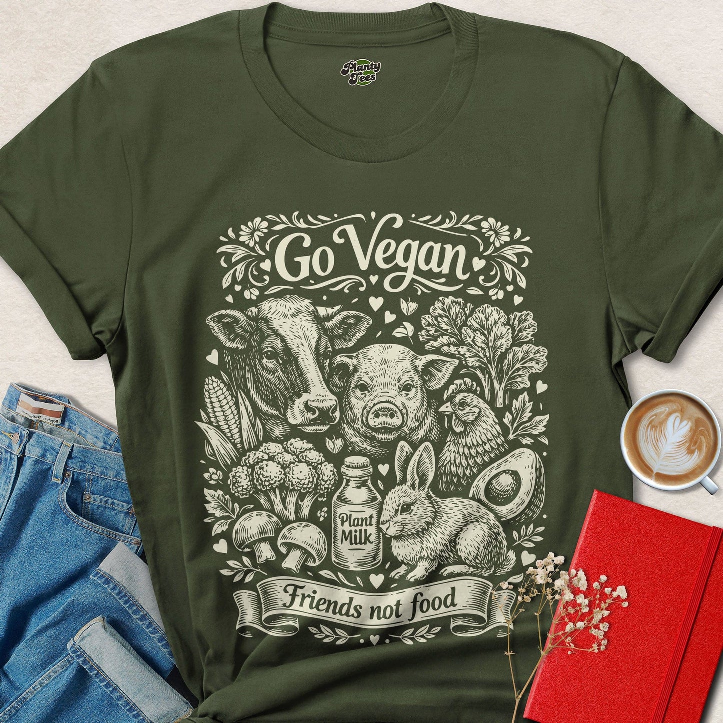 Go Vegan Friends Not Food Animal Rights Graphic Tee