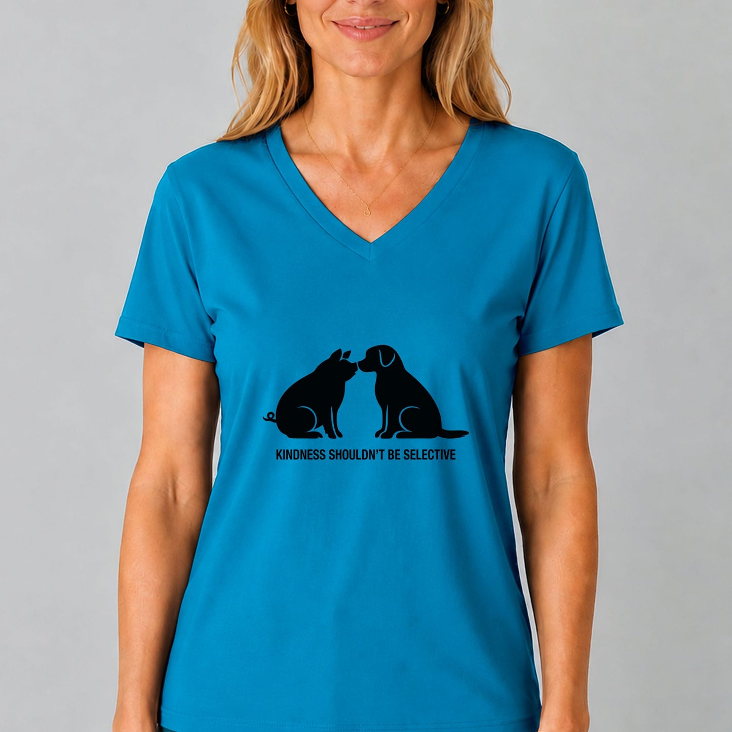 Blue V-neck vegan tee with black cat graphic