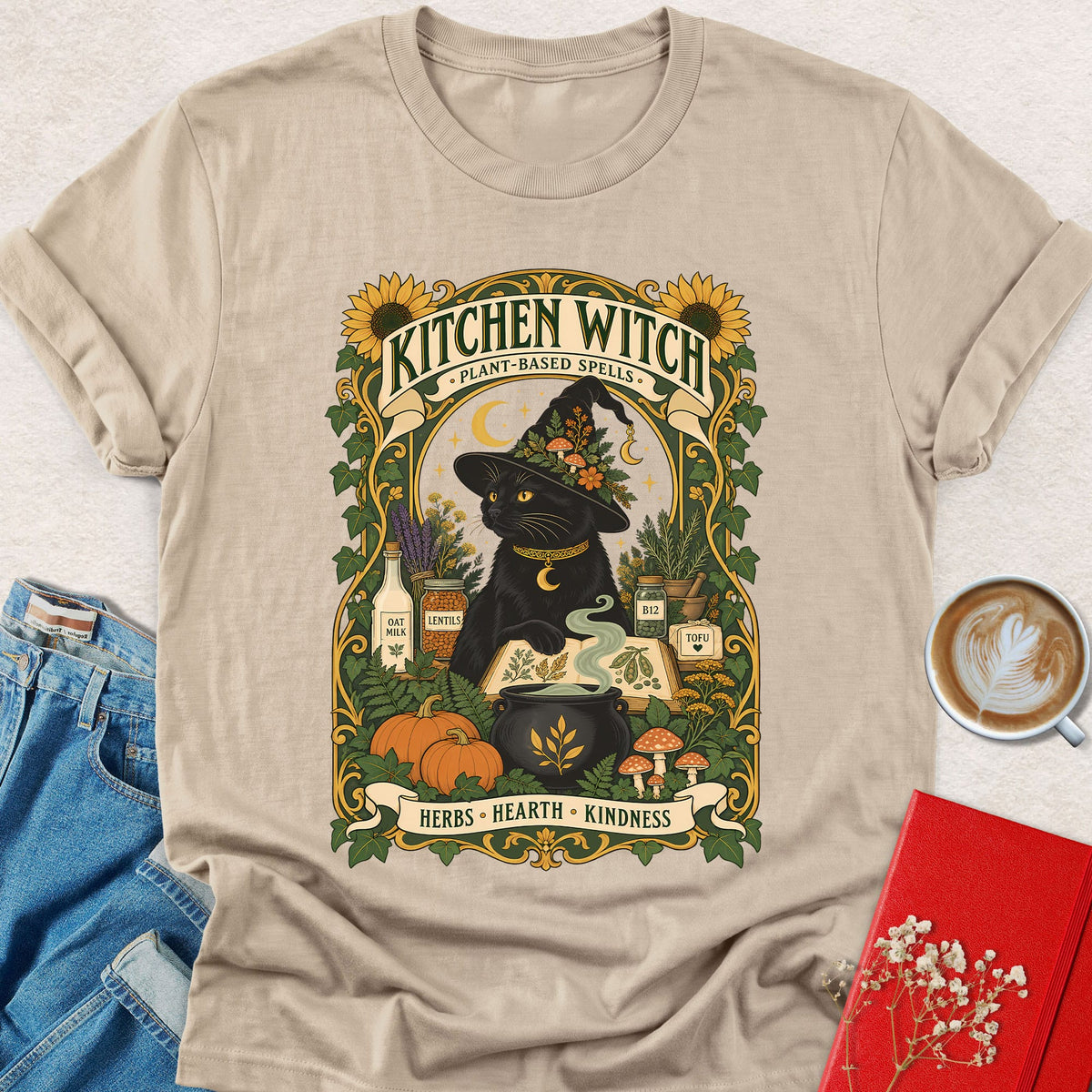 Sand Kitchen Witch Halloween T-shirt with witch-cat front graphic