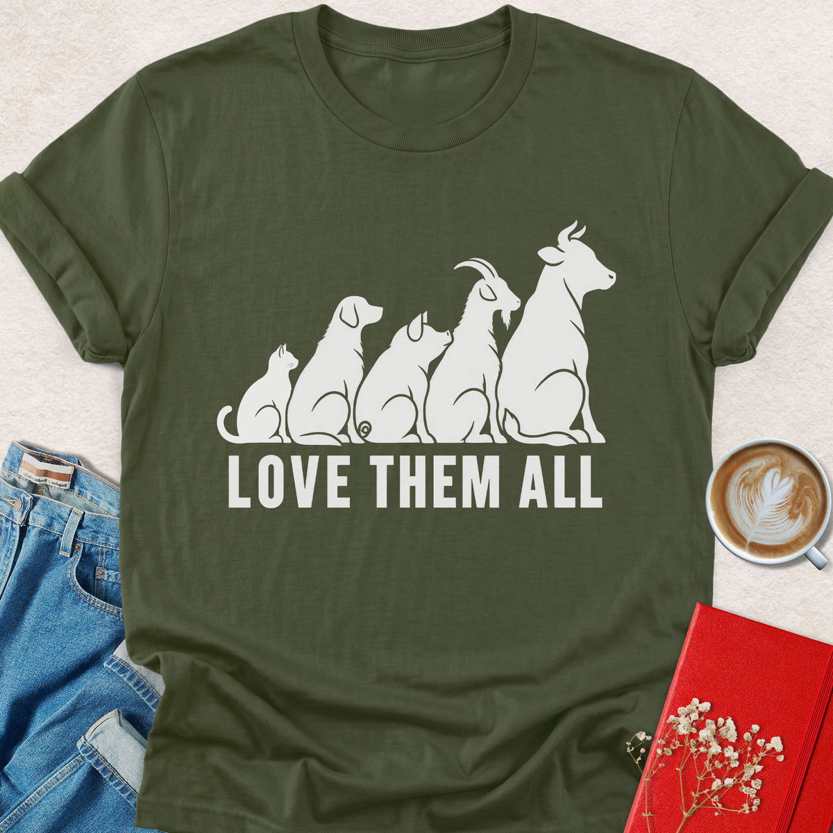 Military green vegan t-shirt with cat silhouette graphic and bold front text