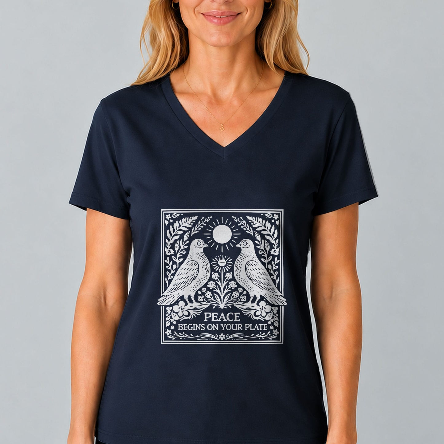 Peace Begins On Your Plate V-Neck | Vegan Graphic Tee