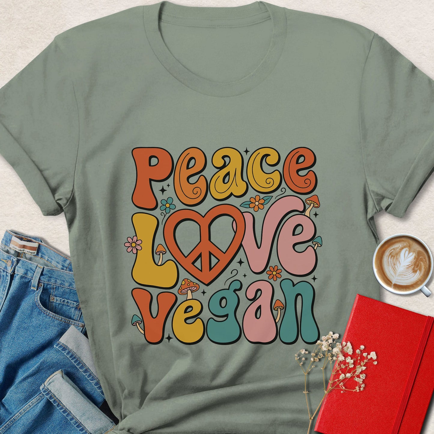 Vegan Peace Love Shirt Retro Animal Rights Graphic Tee