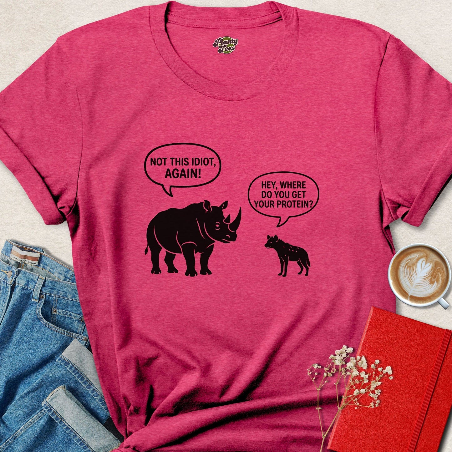 Where Do You Get Protein Rhino vs Hyena Funny Vegan T-Shirt