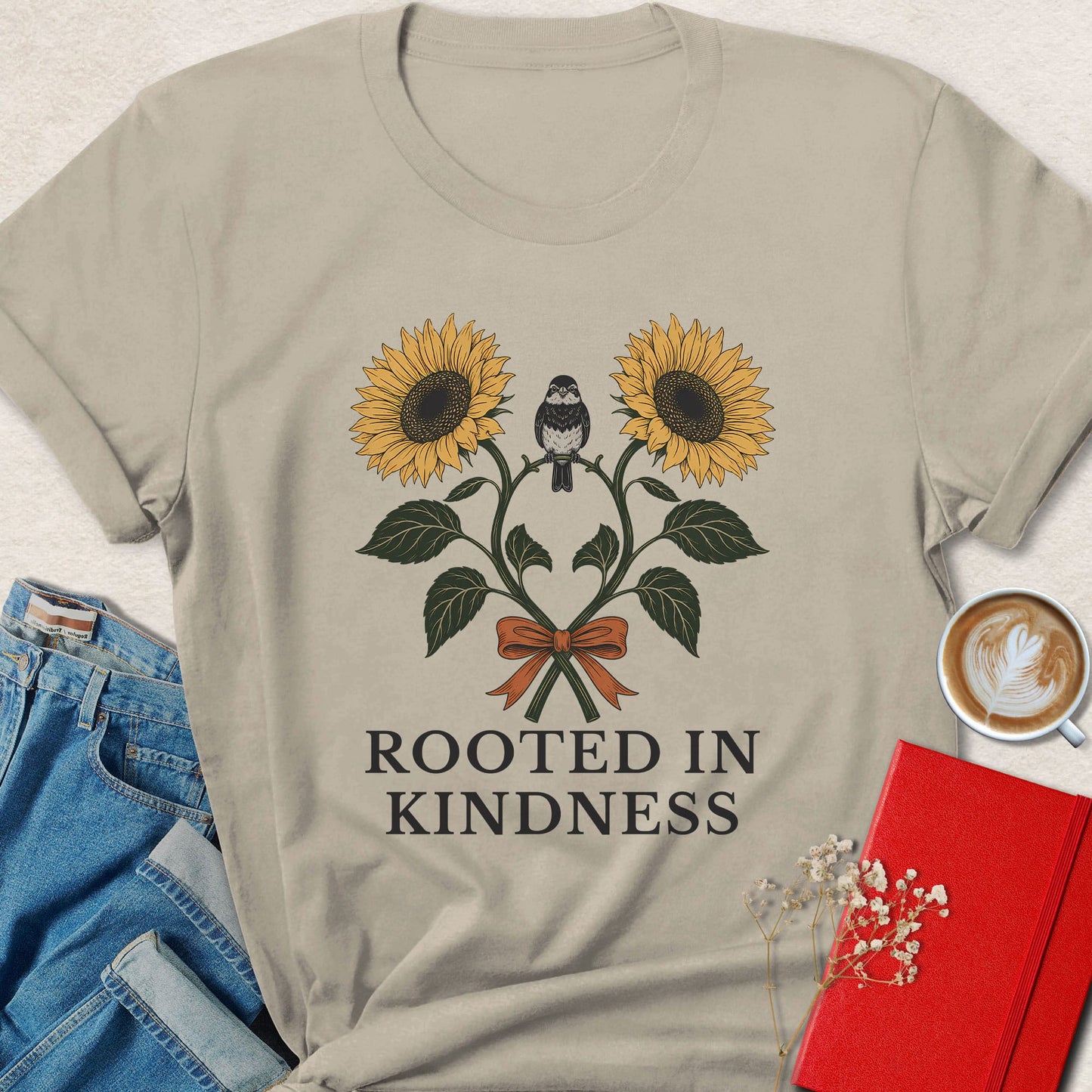 Rooted in Kindness Sunflower & Bird Illustration T-Shirt