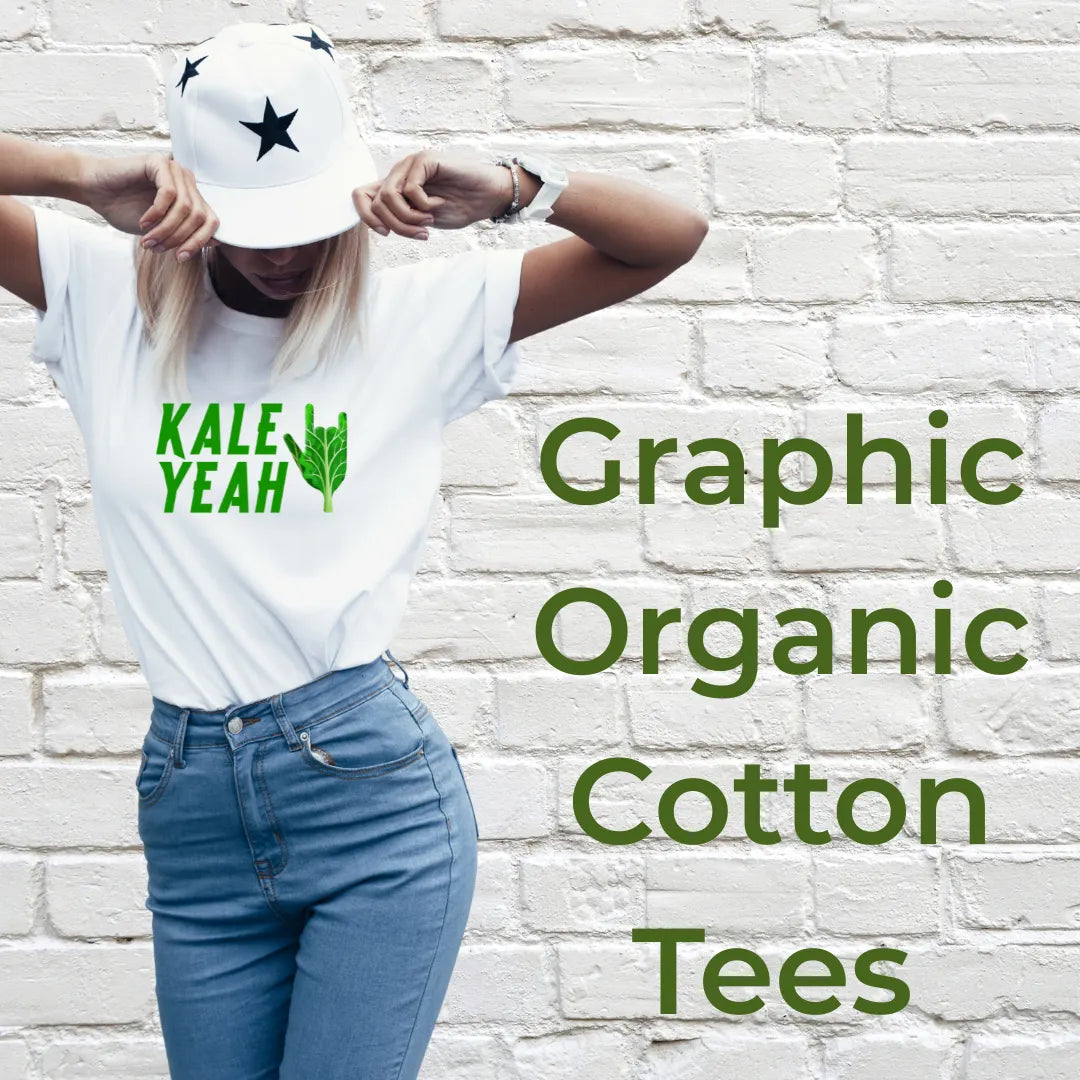 Model wearing graphic organic cotton tee featuring animal rights design