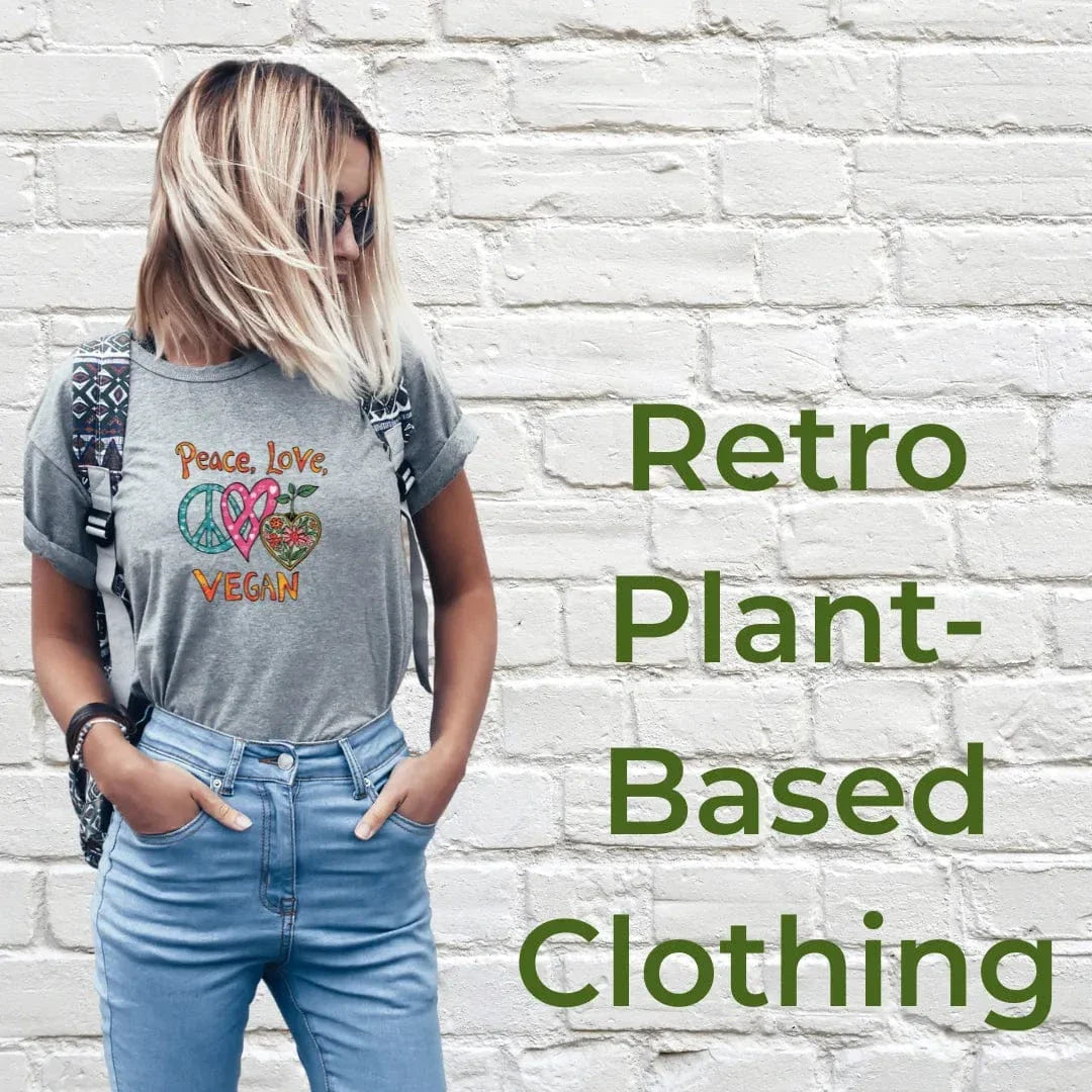 Retro plant based clothing with 70s style ‘Peace, Love, Vegan print