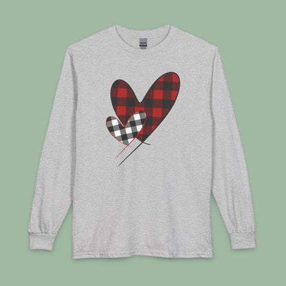 Double Heart Buffalo Plaid Valentine Tee – Vegan Long Sleeve Shirt | Get Yours Now