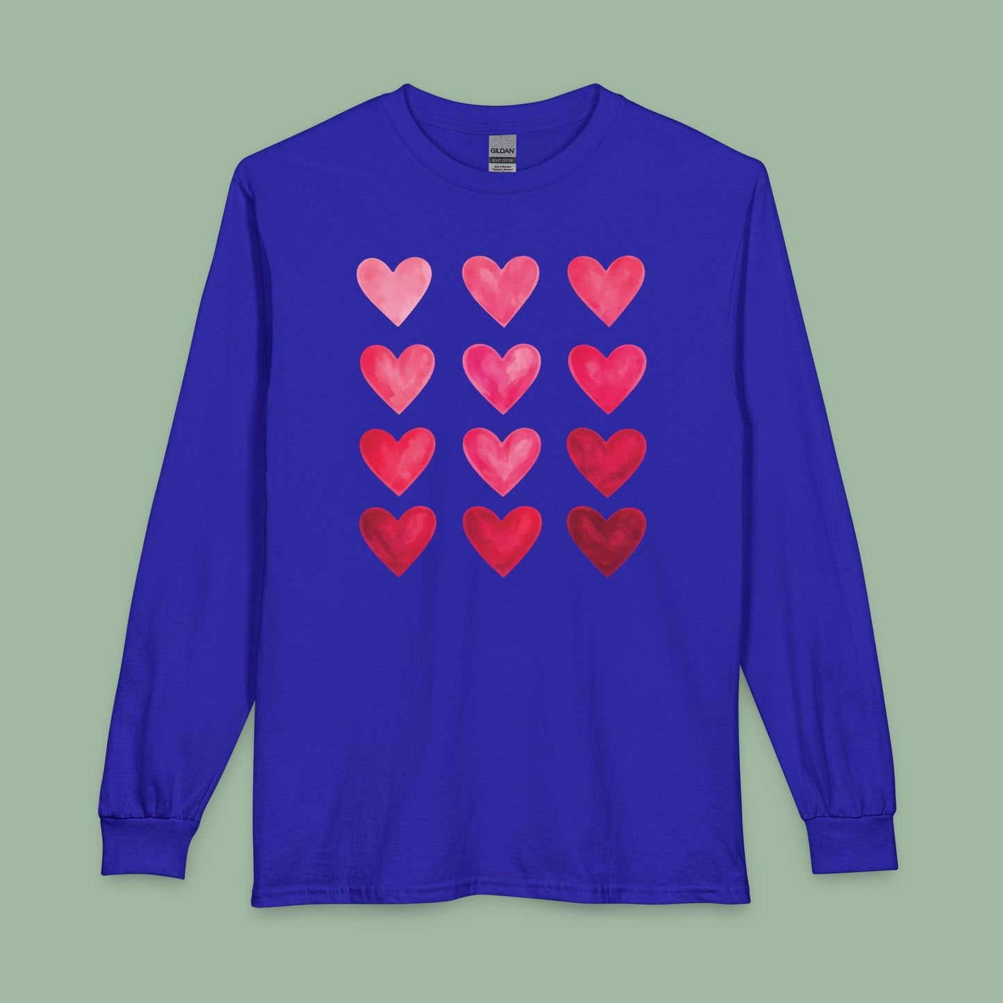Gradient Heart Long Sleeve Shirt – Valentine’s Day Tee with Pink to Red Hearts | Eco & Vegan | Limited-Time Drop