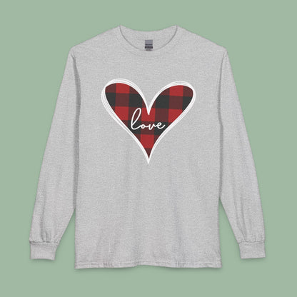 Buffalo Plaid Heart Love Shirt – Vegan Valentine’s Long Sleeve Tee | Shop Now