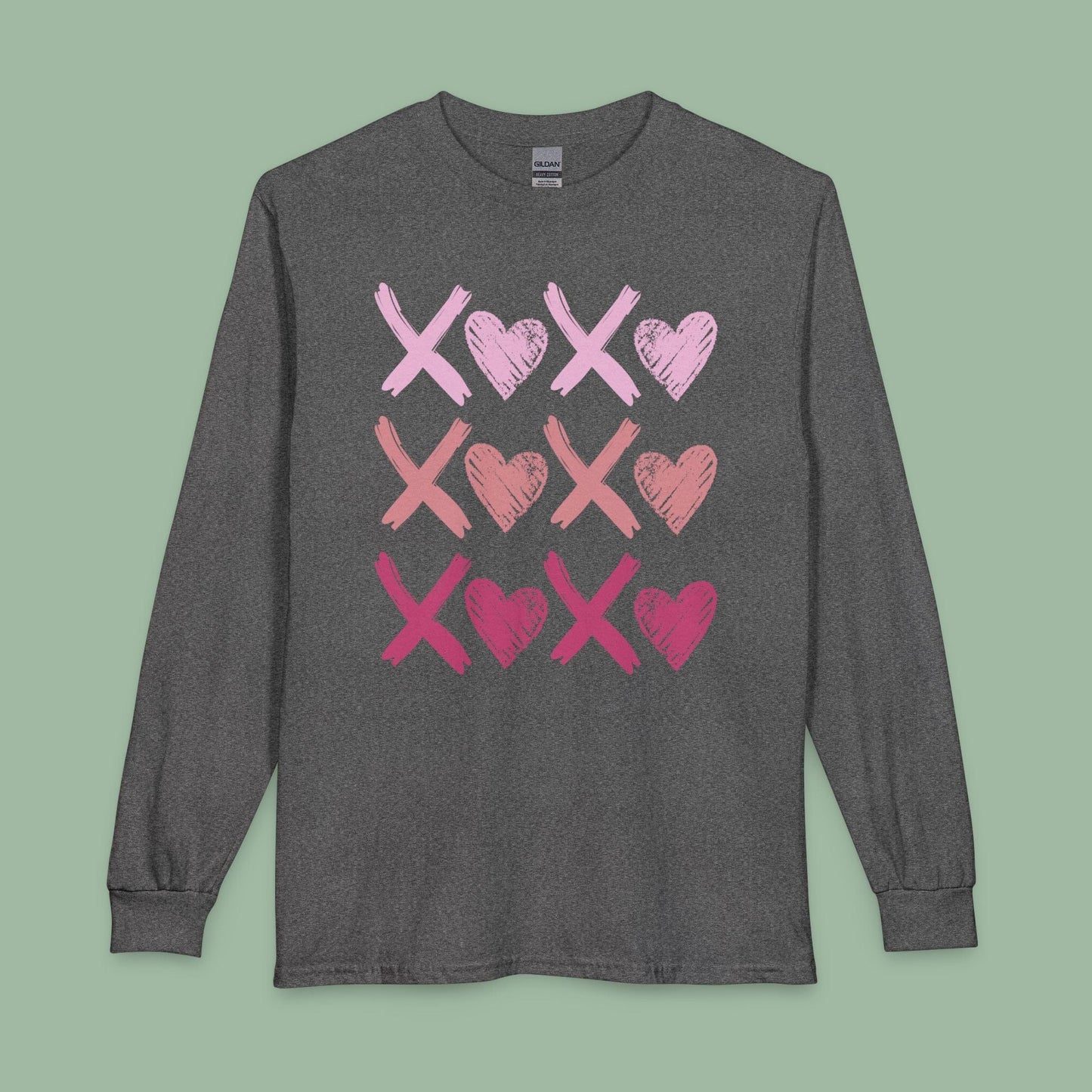 XOXO Long Sleeve Heart Shirt – Cute Valentine’s Tee with Tic-Tac-Toe Design | Vegan & Eco-Friendly | Limited-Time Drop