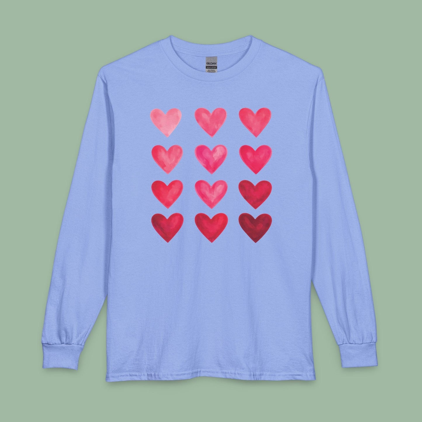Gradient Heart Long Sleeve Shirt – Valentine’s Day Tee with Pink to Red Hearts | Eco & Vegan | Limited-Time Drop