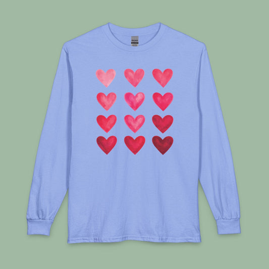 Gradient Heart Long Sleeve Shirt – Valentine’s Day Tee with Pink to Red Hearts | Eco & Vegan | Limited-Time Drop