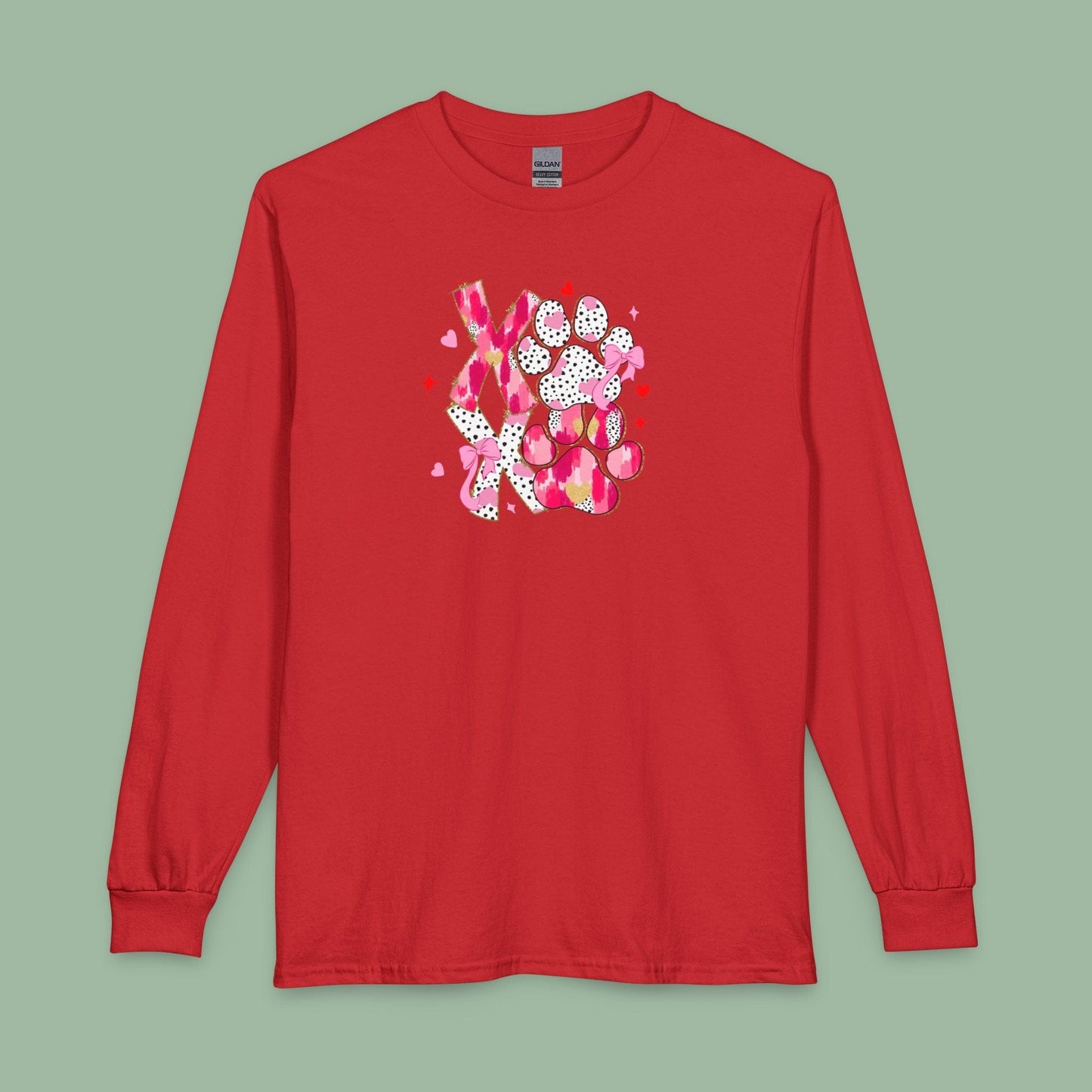 XOXO Paw Print Valentine Shirt – Vegan Long Sleeve Tee for Animal Lovers | Shop Now