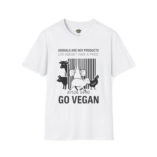White crew-neck T-shirt with animal graphic and "Go Vegan" print