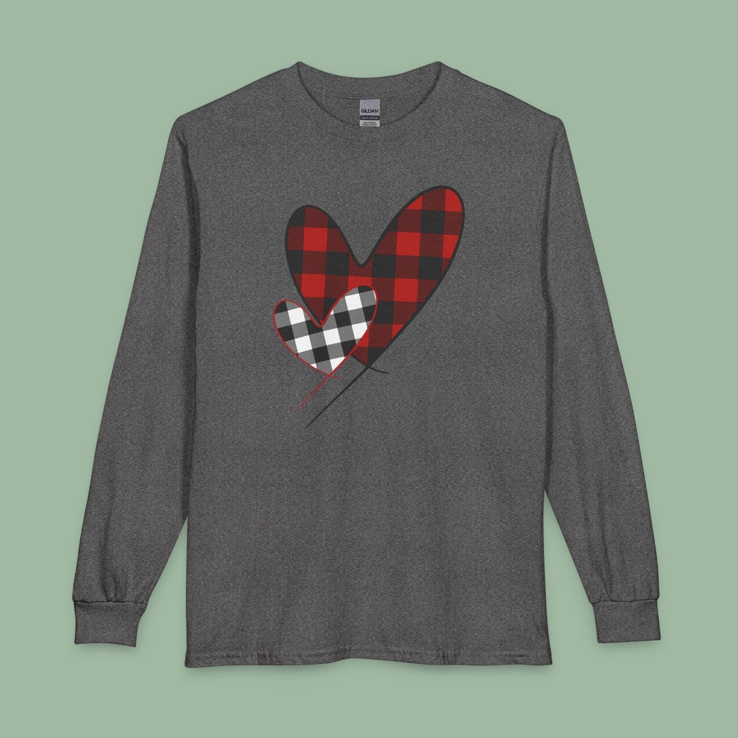 Double Heart Buffalo Plaid Valentine Tee – Vegan Long Sleeve Shirt | Get Yours Now
