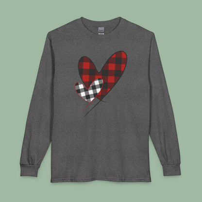 Double Heart Buffalo Plaid Valentine Tee – Vegan Long Sleeve Shirt | Get Yours Now