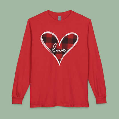 Buffalo Plaid Heart Love Shirt – Vegan Valentine’s Long Sleeve Tee | Shop Now