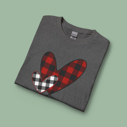 Double Heart Buffalo Plaid Valentine Tee – Vegan Long Sleeve Shirt | Get Yours Now