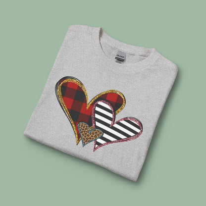 Mixed Pattern Heart Valentine Shirt – Vegan Long Sleeve Tee for Love & Style | Order Now