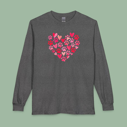 Paw Print Heart Valentine Tee – Vegan Animal Lover Long Sleeve Shirt | Order Now