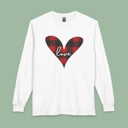 Buffalo Plaid Heart Love Shirt – Vegan Valentine’s Long Sleeve Tee | Shop Now