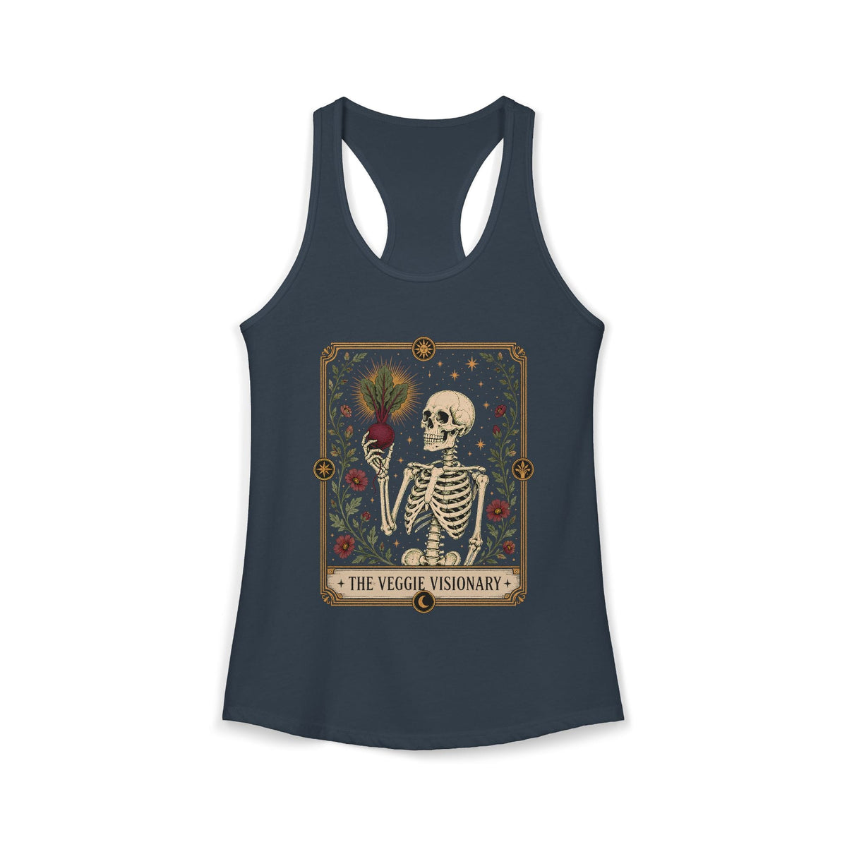 Women's indigo tank top with graphic skeleton and 'The Veggie Visionary' text
