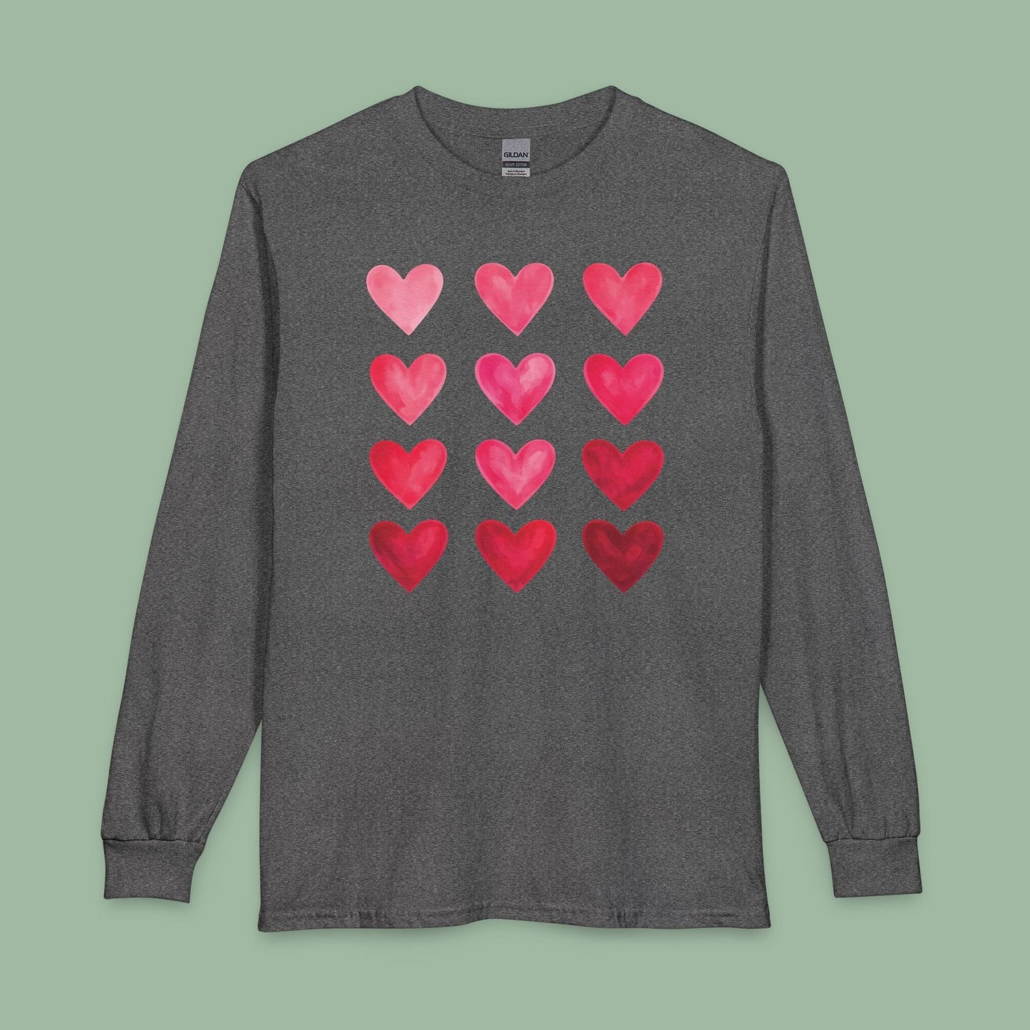 Gradient Heart Long Sleeve Shirt – Valentine’s Day Tee with Pink to Red Hearts | Eco & Vegan | Limited-Time Drop