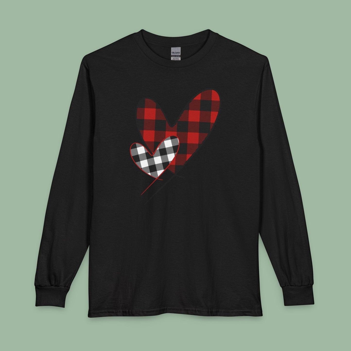 Double Heart Buffalo Plaid Valentine Tee – Vegan Long Sleeve Shirt | Get Yours Now