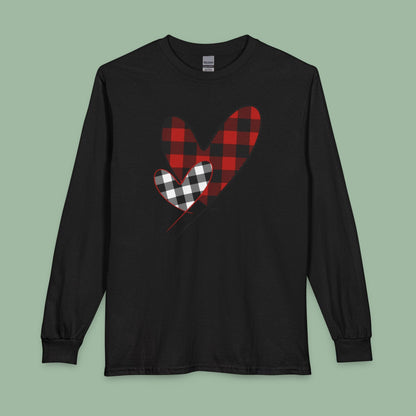 Double Heart Buffalo Plaid Valentine Tee – Vegan Long Sleeve Shirt | Get Yours Now