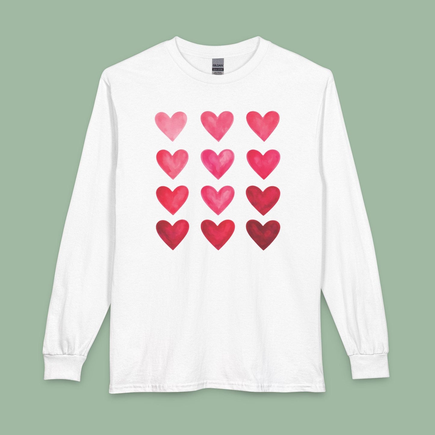 Gradient Heart Long Sleeve Shirt – Valentine’s Day Tee with Pink to Red Hearts | Eco & Vegan | Limited-Time Drop