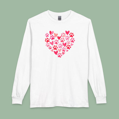 Paw Print Heart Valentine Tee – Vegan Animal Lover Long Sleeve Shirt | Order Now