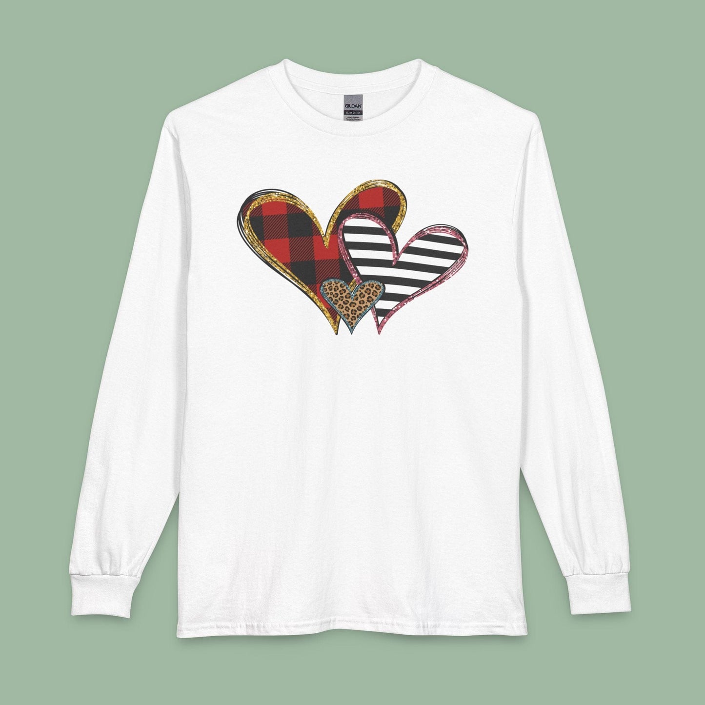 Mixed Pattern Heart Valentine Shirt – Vegan Long Sleeve Tee for Love & Style | Order Now