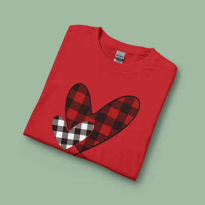 Double Heart Buffalo Plaid Valentine Tee – Vegan Long Sleeve Shirt | Get Yours Now