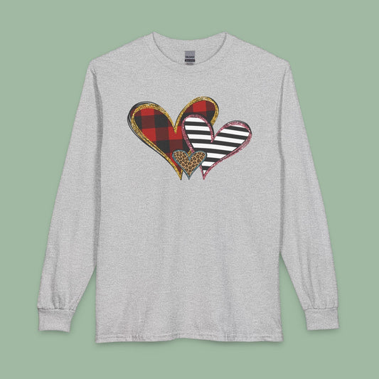 Mixed Pattern Heart Valentine Shirt – Vegan Long Sleeve Tee for Love & Style | Order Now