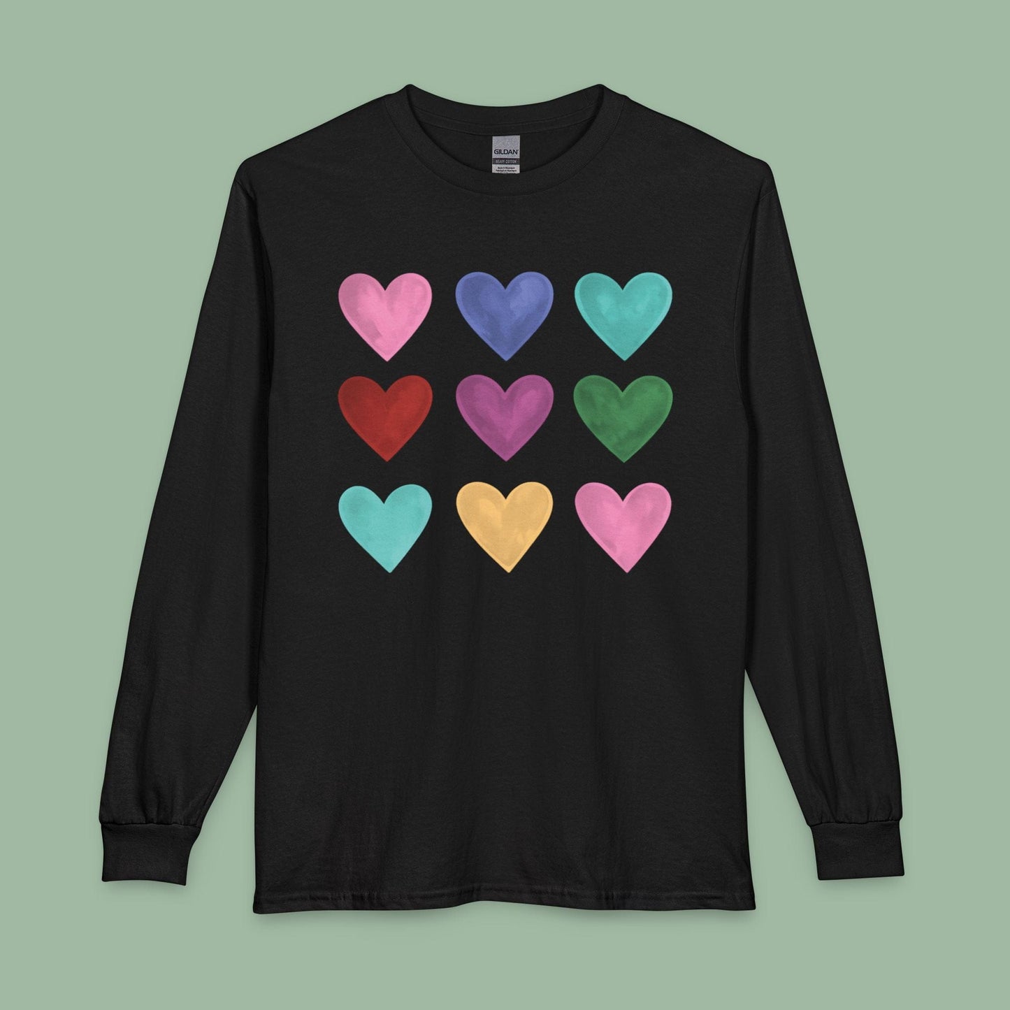 Rainbow Heart Long Sleeve Shirt – Colorful Valentine’s Day Tee for Bold Love & Pride | Eco & Vegan | Limited-Time Drop