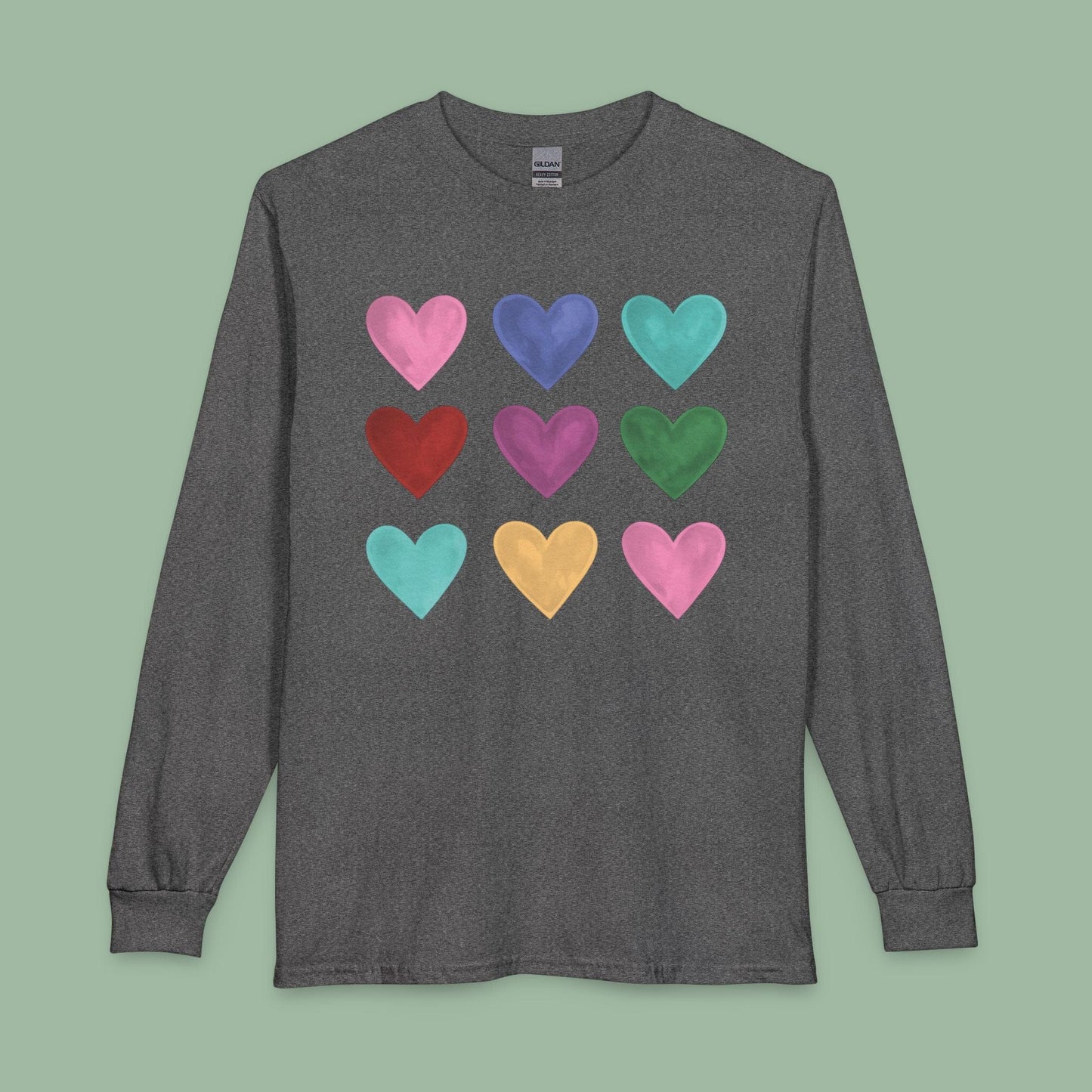 Rainbow Heart Long Sleeve Shirt – Colorful Valentine’s Day Tee for Bold Love & Pride | Eco & Vegan | Limited-Time Drop