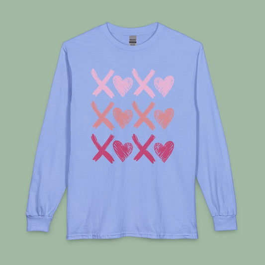 XOXO Long Sleeve Heart Shirt – Cute Valentine’s Tee with Tic-Tac-Toe Design | Vegan & Eco-Friendly | Limited-Time Drop